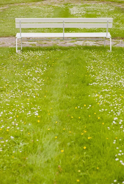 Pusty stół biały i trawnik — Zdjęcie stockowe