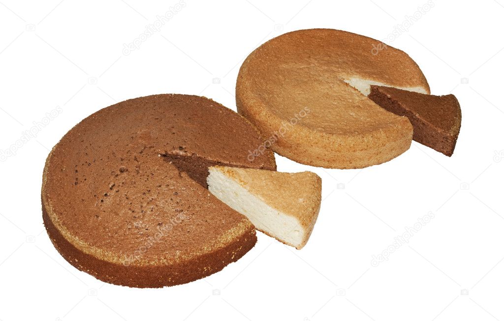 Two sponge cakes with different slice on white isolated backgr