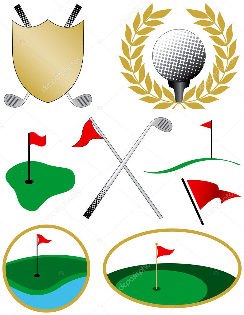 Eight Color Golf Icons including a golf ball, shield, clubs and flags