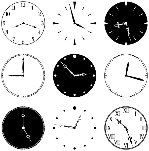 Nove Relógio Caras e Mãos —  Vetores de Stock