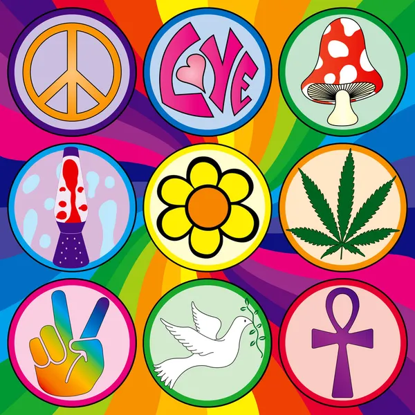 Nine 60s icons on a rainbow background — Stock Vector