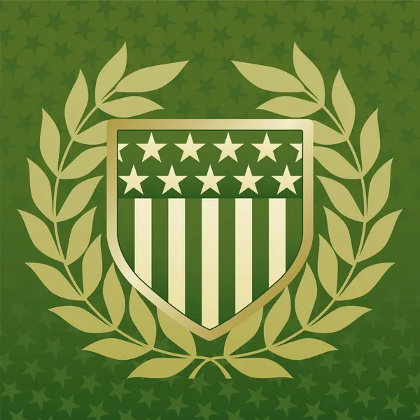Escudo verde y dorado en un fondo de estrella — Vector de stock