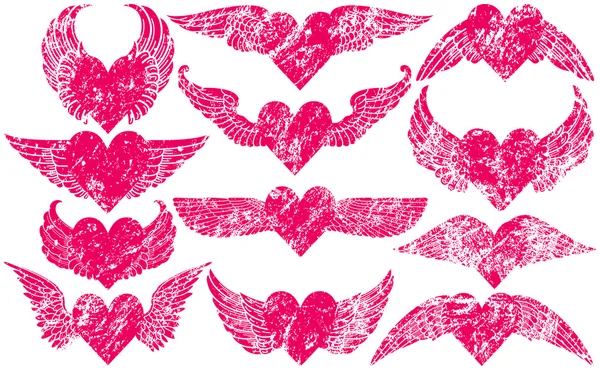 Grunge Hearts with Wings — Stock Vector