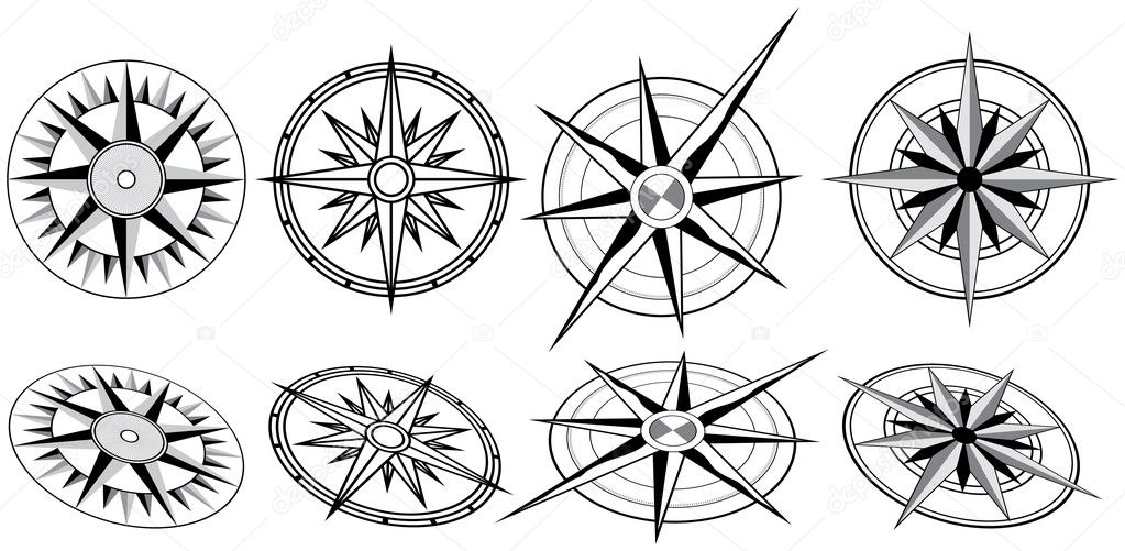 Eight Black and White Compasses