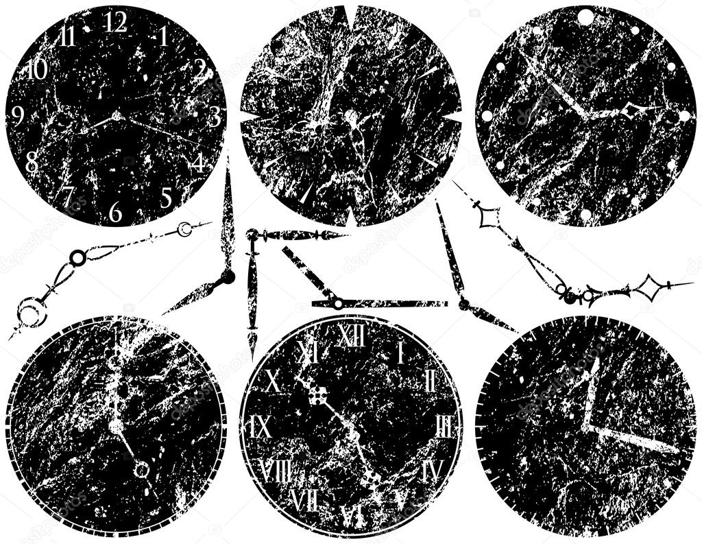 Six Grunge Clock Faces and Hands
