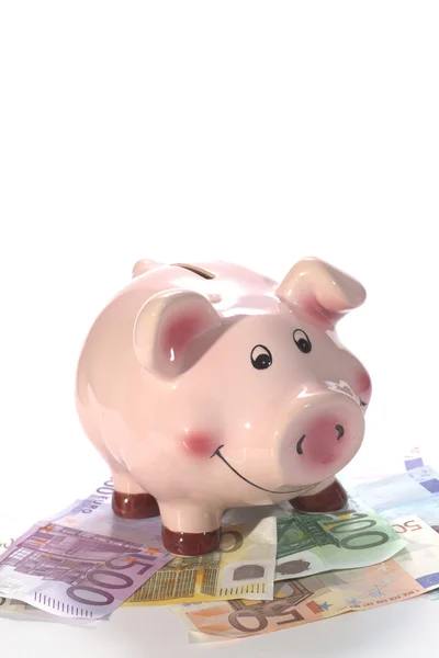 Piggy bank on a pile of european banknotes — Stock Photo, Image
