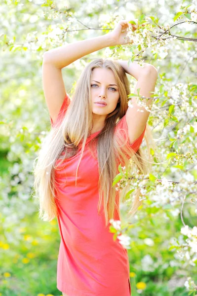 Portret van mooie vrouw in bloeiende boom in het voorjaar — Stockfoto