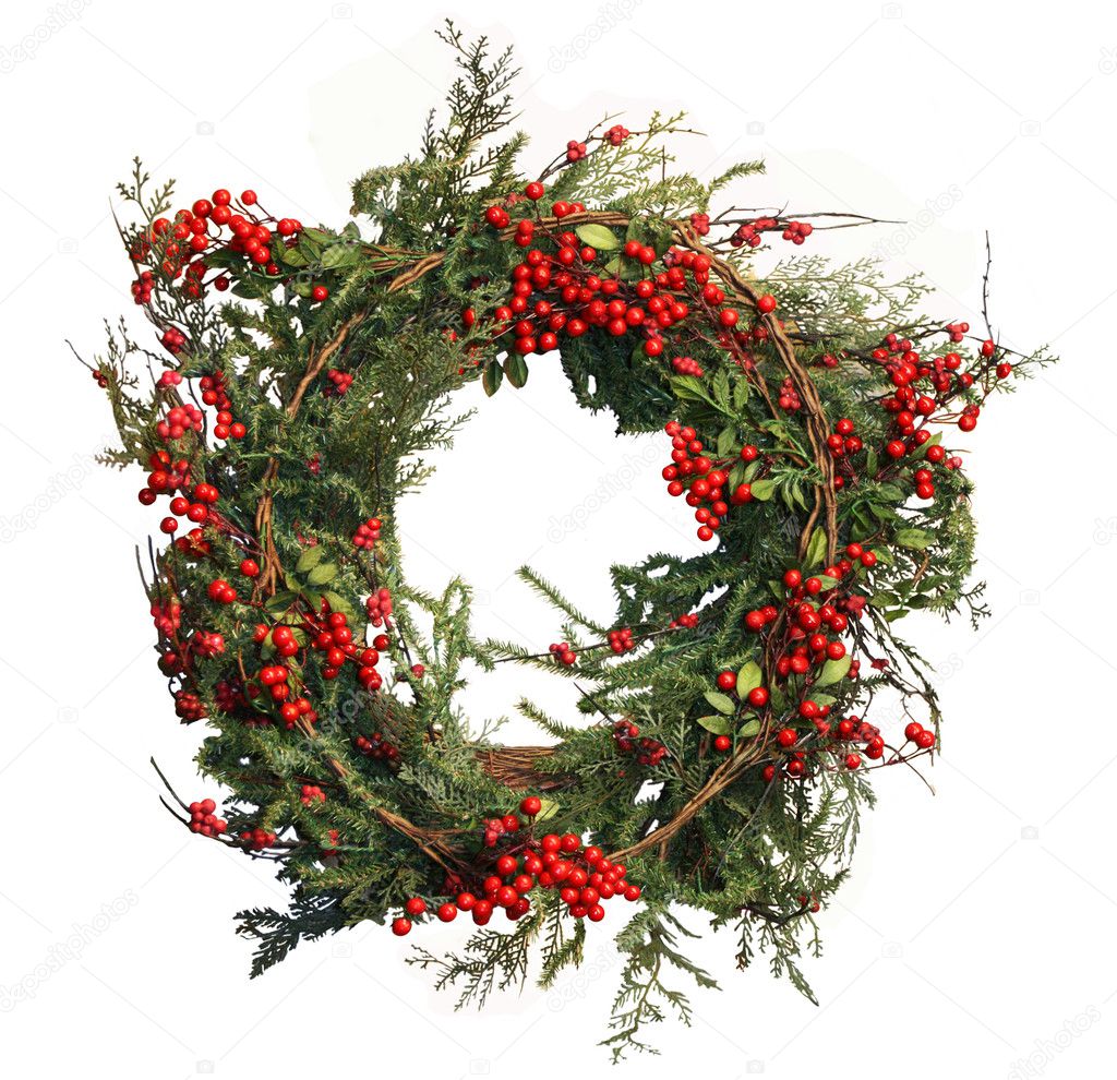 Christmas Evergreen and Holly Berry Wreath Isolated on White