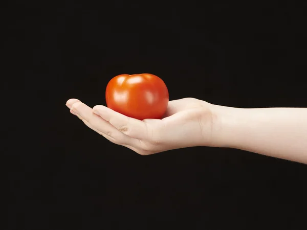 Childs ręka z pomidor i dłoń ku górze — Zdjęcie stockowe