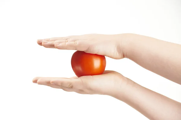 Pomidor umieszczonej pomiędzy ręce dziecka — Zdjęcie stockowe