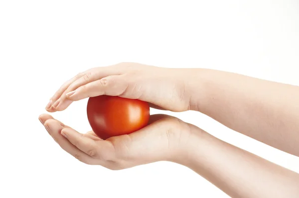 Tomatoe ingeklemd tussen childs handen — Stockfoto