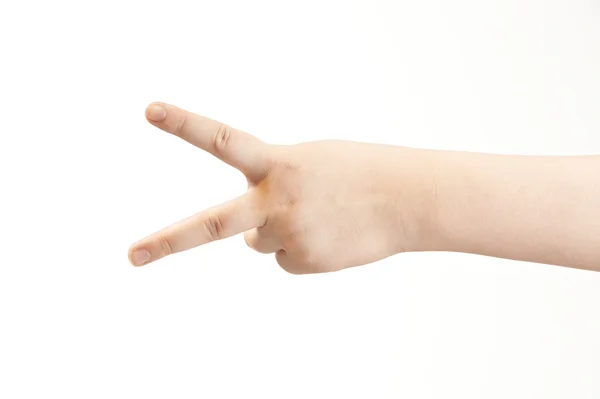 Overwinning teken weergegeven door childs hand — Stockfoto