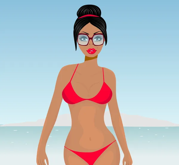 Ragazza sexy in bikini rosso sulla spiaggia — Vettoriale Stock
