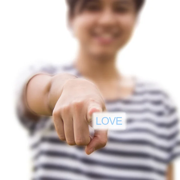 Mujer presionando botón de amor — Foto de Stock