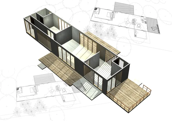 Housing architecture plans with 3D building structure — Stock Photo, Image