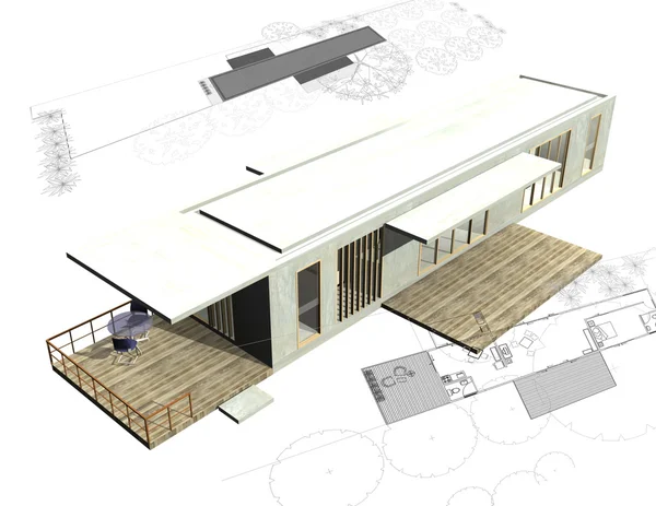 Ház építészeti tervek, 3D-s épület szerkezete — Stock Fotó