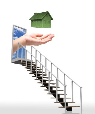 Ladder leading up to the green eco house concept with hand. clipart