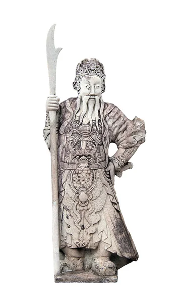古代中国的勇士雕塑在佛寺上白色隔离, — 图库照片
