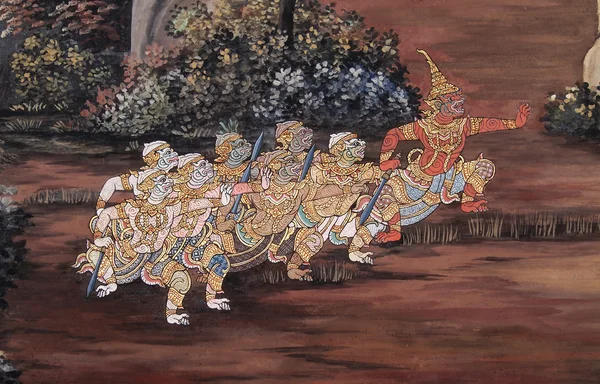 Tradycyjnej tajskiej sztuki na ścianie. w świątyni Szmaragdowego Buddy ba — Zdjęcie stockowe