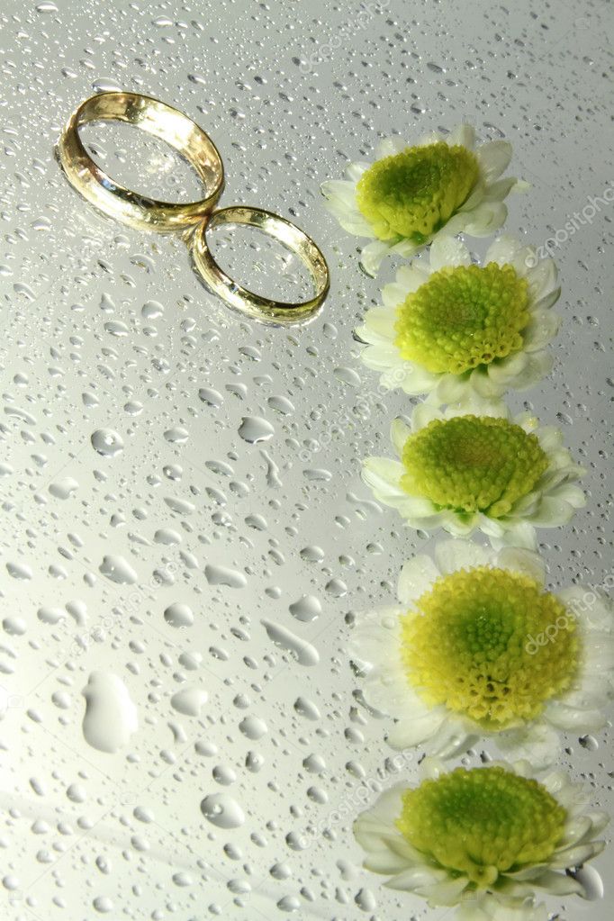 Wedding rings with drops and chrysanthemums