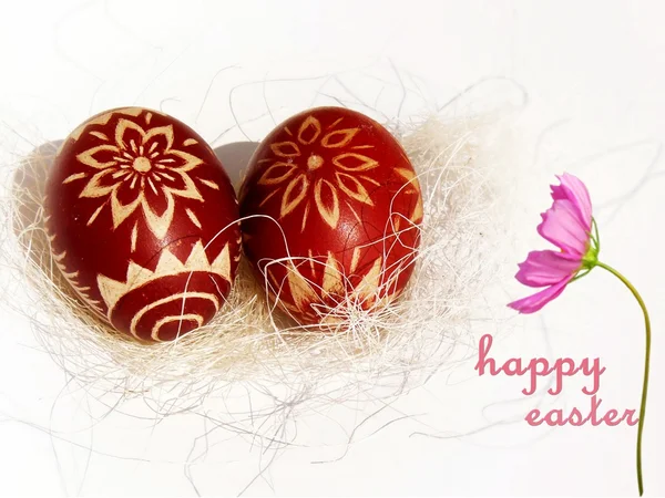Easter traditional eggs in the hay and wishes — Zdjęcie stockowe