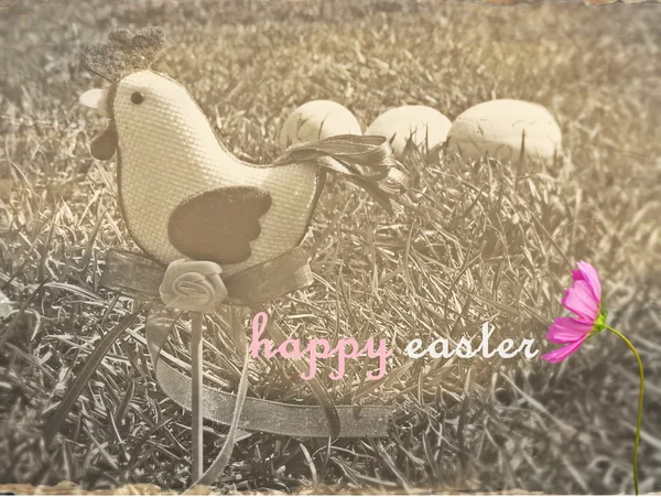 Vintage Easter eggs, chicken and wishes — Stock Photo, Image