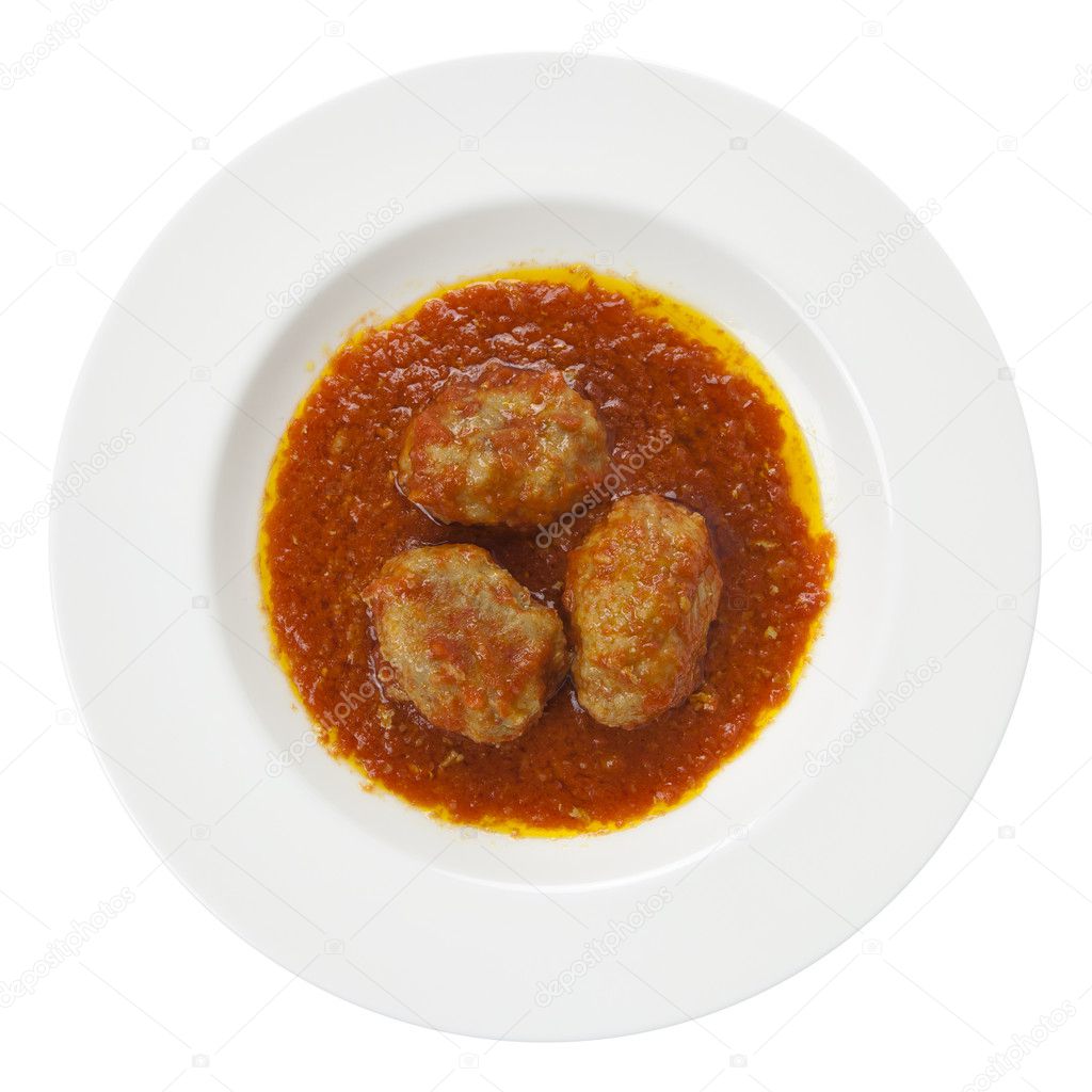 Meatballs albondigas, tomato, olive oil, plate isolated on white
