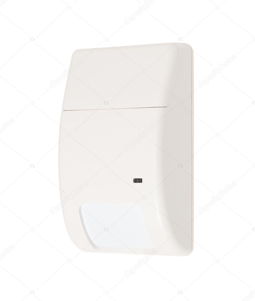 Volumetric infrared alarm sensor isolated on white