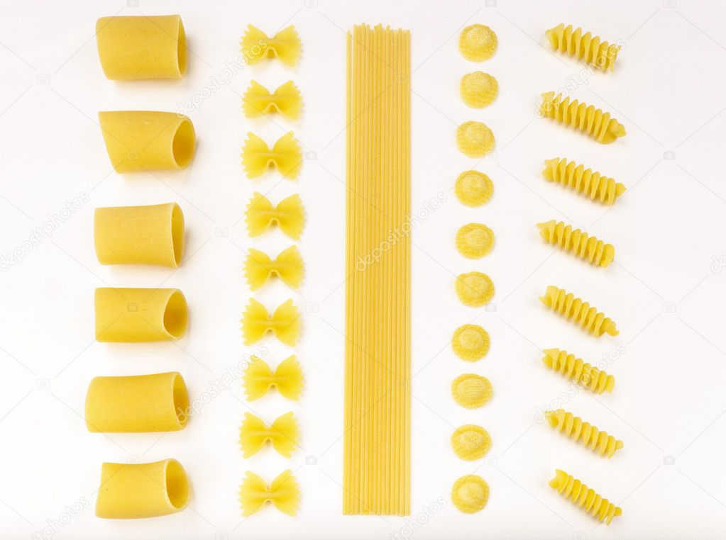 Italian pasta. Paccheri, farfalle, spaghetti, orecchiette, fusil