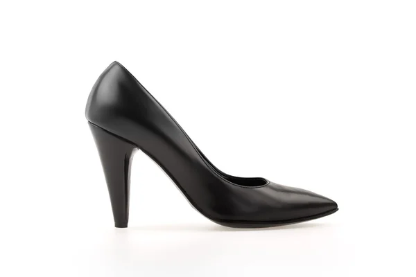 Décolleté high heel pump black leather women shoe on white — Stock Photo, Image