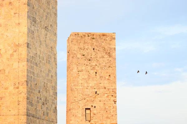 San gimignano miasta, dwie wieże i ptaków. Toskania, Włochy, Europa — Zdjęcie stockowe