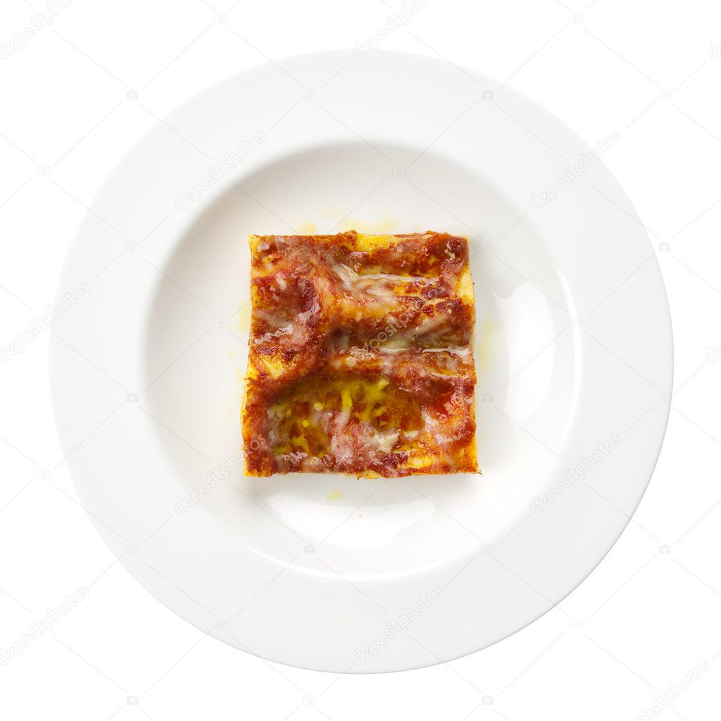 Lasagna alla bolognese italian recipe round plate isolated on wh