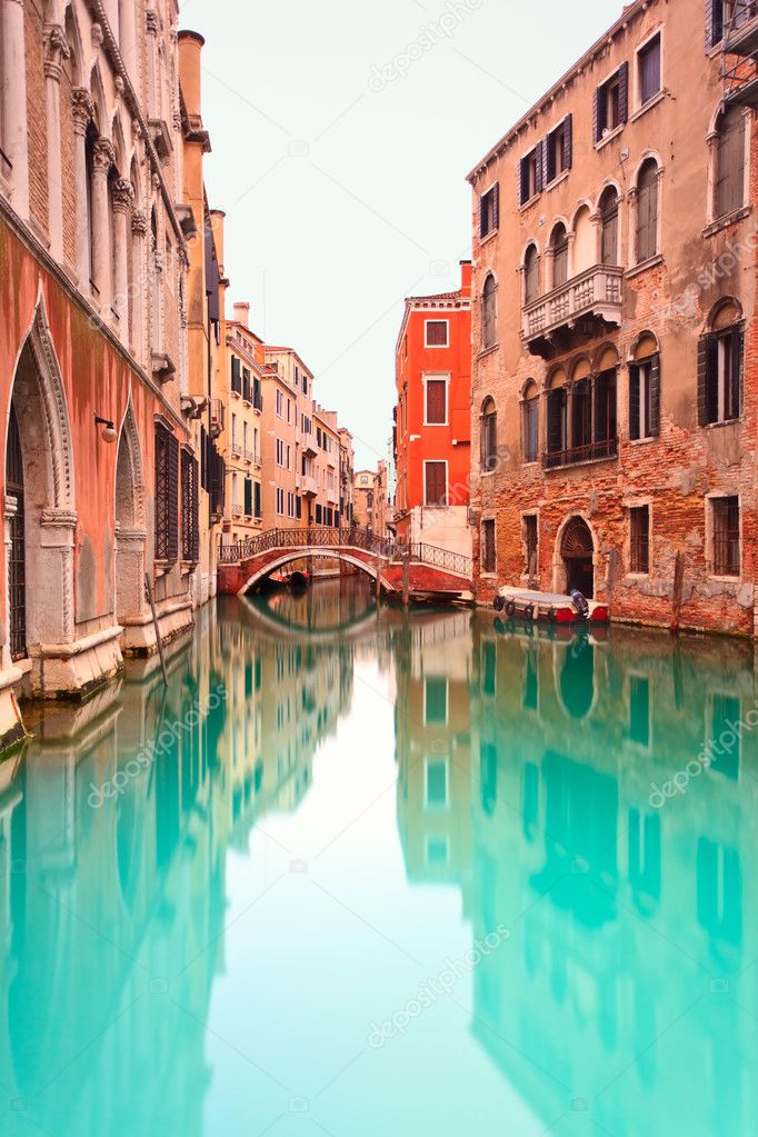 Venice, Canal with bridge detail. Long exposure photography.