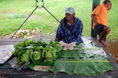 Man saling cabbage on market clipart