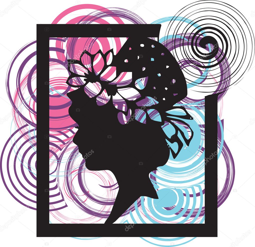 Silhouette of the young woman in a beautiful hat. Vector illustration
