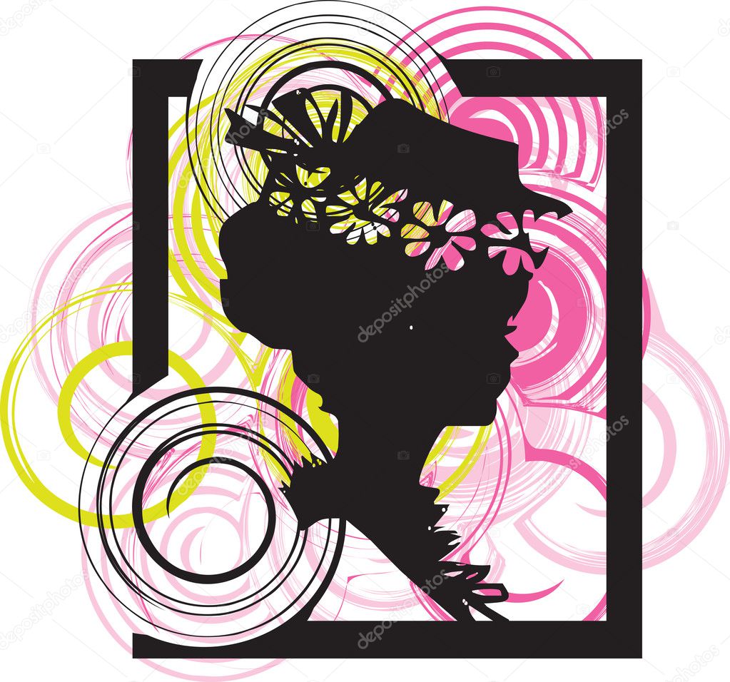 Silhouette of the young woman in a beautiful hat. Vector illustration