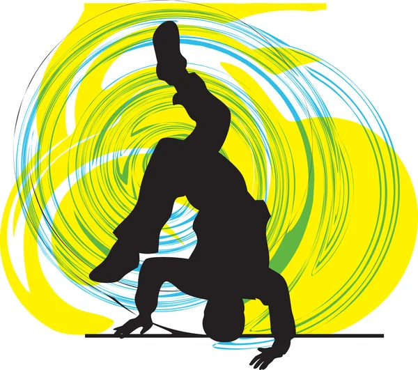 Breakdancer dançando na silhueta de suporte de mão. Ilustração vetorial — Vetor de Stock