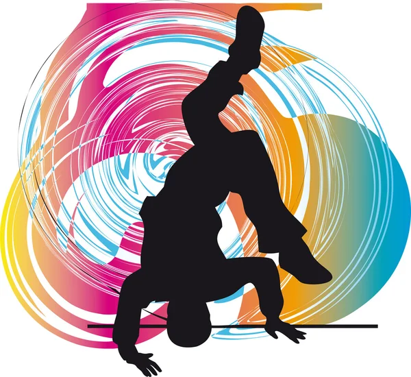 Breakdancer danza sulla silhouette stand mano. Illustrazione vettoriale — Vettoriale Stock