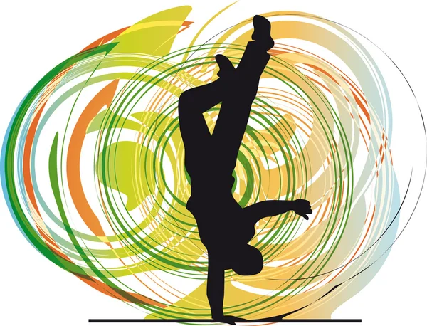 Breakdancer dançando na silhueta de suporte de mão. Ilustração vetorial —  Vetores de Stock
