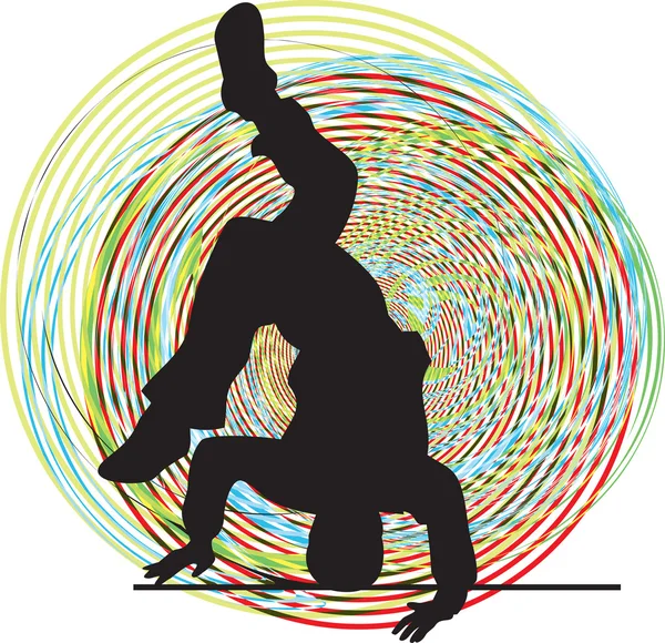 Breakdancer danza sulla silhouette stand mano. Illustrazione vettoriale — Vettoriale Stock