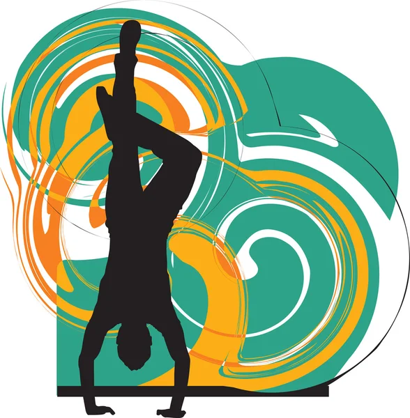 Breakdancer danza sulla silhouette stand mano. Illustrazione vettoriale — Vettoriale Stock