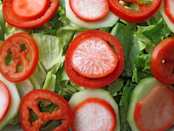Mixed salad with lettuce, tomato and radish — Stock Photo, Image