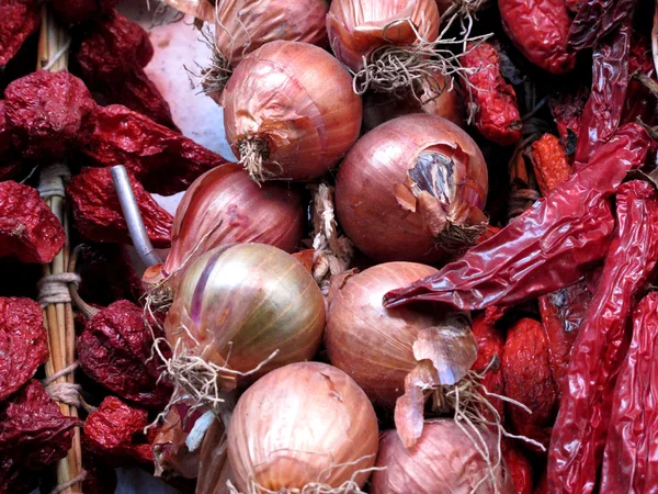 Primer plano de cebollas rojas frescas y pimienta seca — Foto de Stock