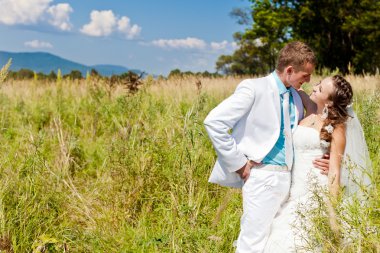 Bride and groom hugging at green field clipart