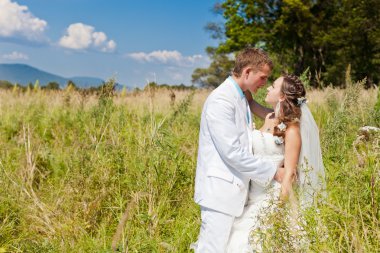 Bride and groom huggling at green field clipart