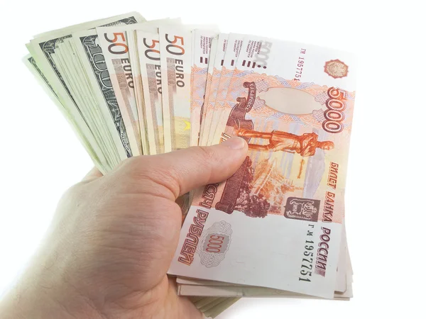 The isolated dollars, euro and rubles — Stock Photo, Image