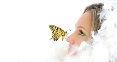 Beautiful girl with feathers and butterfly clipart