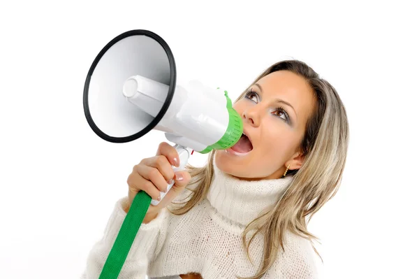 Young woman speaking through megaphone — Stock Photo, Image