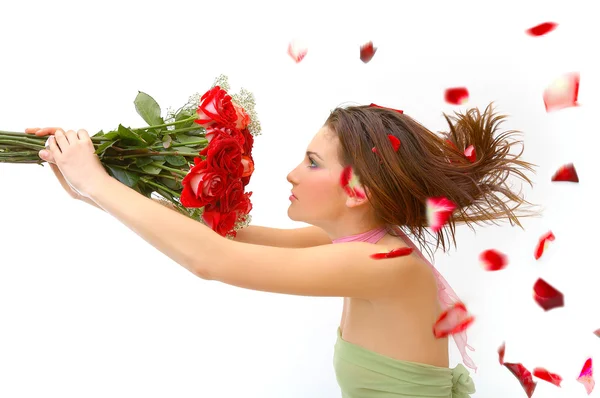 Gyönyörű fiatal nő, vörös rózsa — Stock Fotó