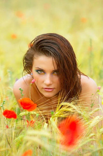 Fiatal nő gyönyörű aranyszínű Búzamező — Stock Fotó